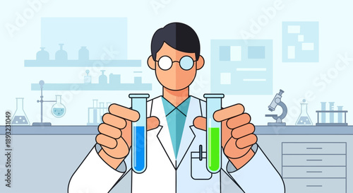 Chemist holding test tubes in a laboratory, conducting a scientific experiment.