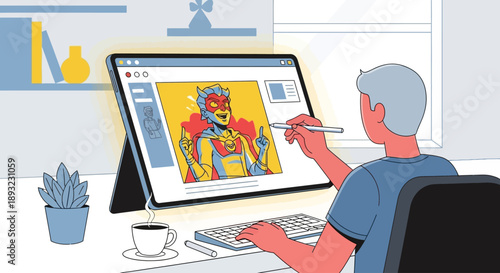 A person digitally illustrating a vibrant superhero character on a tablet.