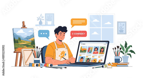 Artist selling artwork online on e-commerce platform.