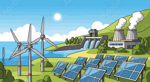 Renewable and traditional energy sources landscape illustration