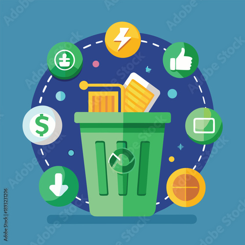 Flat design of a recycling bin transforming trash into new resources, representing sustainability and circular economy.