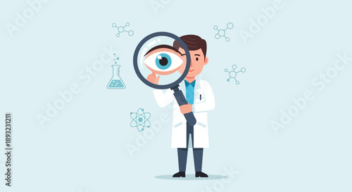 Scientist looking through a magnifying glass at a big eye with scientific elements.