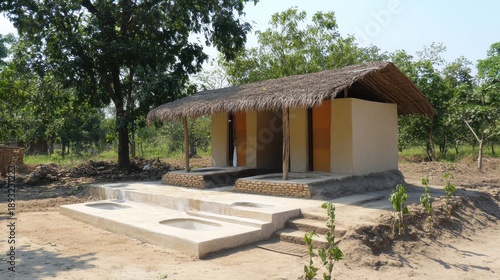 Rural sanitation facility with thatched roof and concrete structure for public hygiene