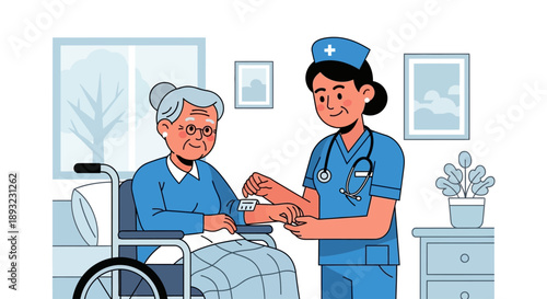 Nurse taking care of an elderly patient in a wheelchair at home.