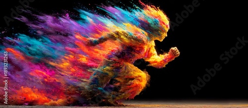 Colorful Powder Explosion Running Figure Illustration on Black Background