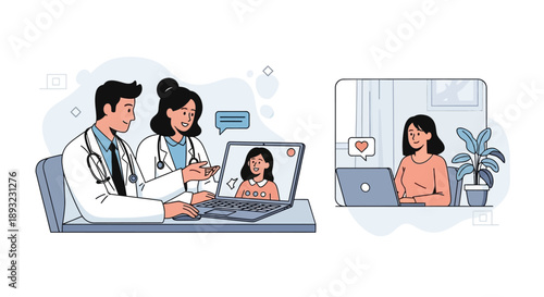 Doctors providing telehealth consultation to a patient online.