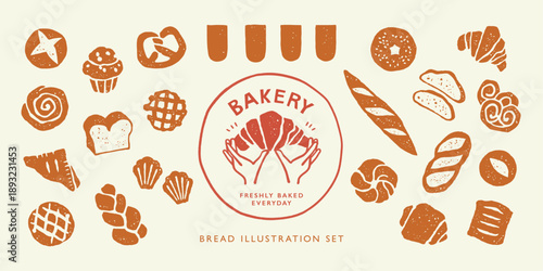 Inked Stamp Style Bakery Illustration Set with Assorted Hand Drawn Bread Silhouettes for Wrappers and Menu Design