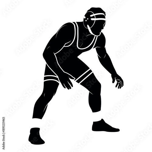 Professional Wrestler Fighting Pose Silhouette featuring a powerful athlete in a classic wrestling stance, captured in a bold black vector profile.