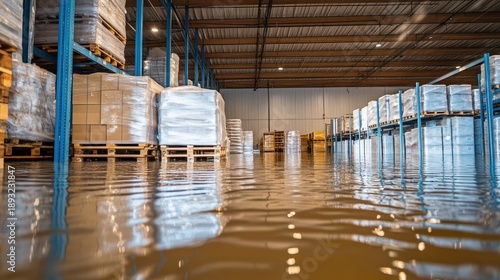 Floodwaters inundating a storage facility submerging pallets and goods inside the industrial building