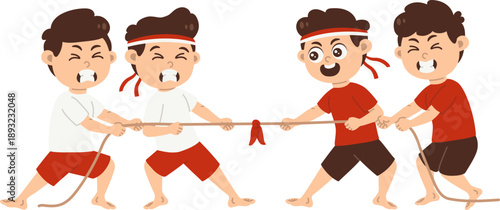 karakter anak-anak antusias ikut perlombaan tarik tali tambang 17 agustusan