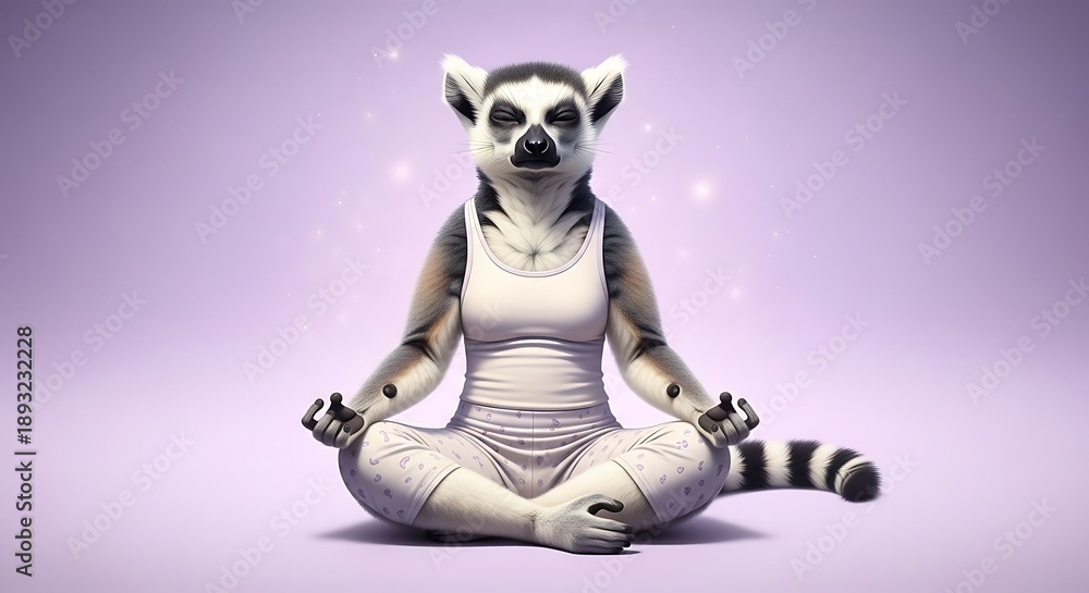 Fototapeta premium Ring Tailed Lemur Meditating in Lotus Pose with Pajamas and Sparkles