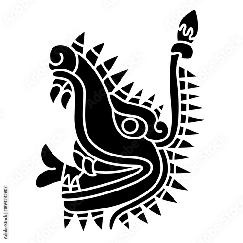 Head of fantastic monster or dragon Cipactli. Aztec mythology. Design from pre Columbian Mexican codex. Black and white silhouette.