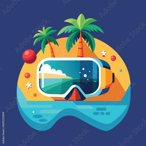 Flat design of a VR headset displaying a vibrant virtual reality landscape, for immersive gaming and digital experiences.