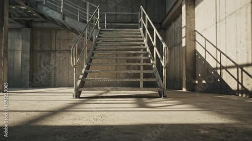 Interior of an industrial building with a staircase and railings, featuring concrete walls and a floor with shadows cast by natural light.