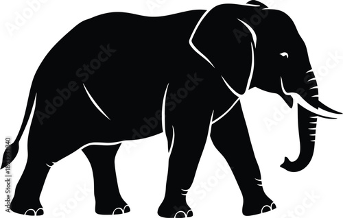 Majestic silhouette of a grand elephant walking with purposeful steps, symbolizing strength, wisdom, and the enduring spirit of the wild, rendered in a striking monochrome graphic style