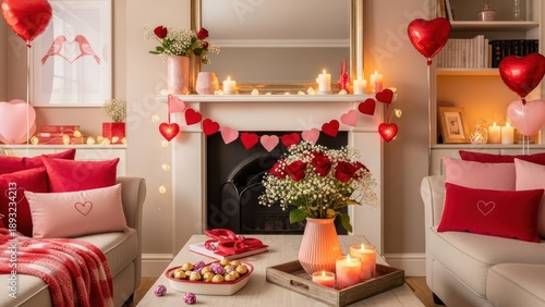 A cozy living room decorated for Valentine's Day with red and pink heart decorations, candles, and balloons.