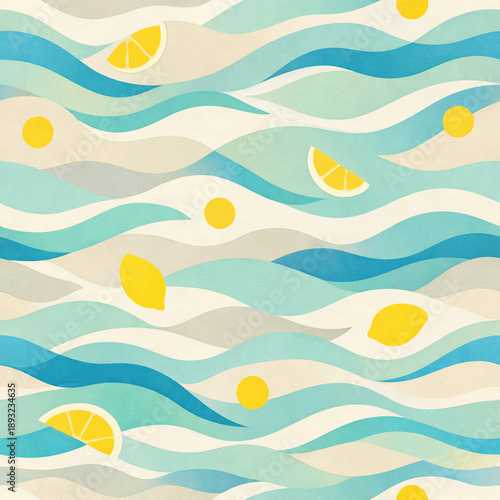 Lemon Wave Pattern: An abstract, repeating pattern of blue and turquoise waves playfully interspersed with bright yellow lemons, evoking a sense of fresh summer days and zestful vibes.