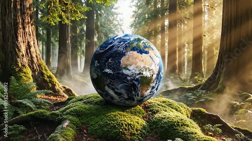 Wallpaper Mural Earth globe resting on mossy ground in a sunlit forest with ethereal mist. Torontodigital.ca