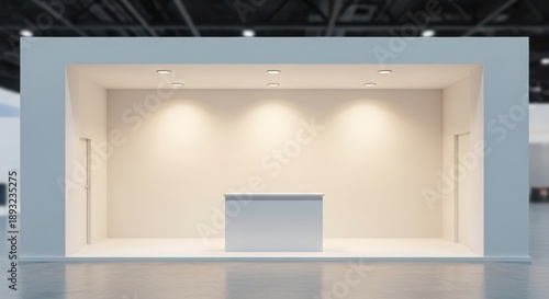 Modern empty white exhibition booth with a central counter and bright spotlights, ready for a trade show.