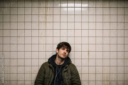 Subway Solitude: A contemplative individual finds a moment of introspection against the backdrop of an urban subway, lost in thought.
