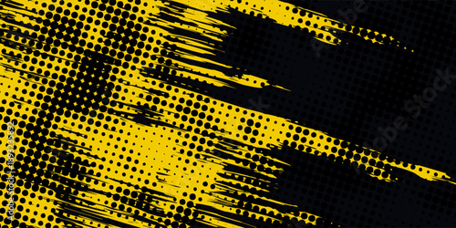 Black and yellow abstract background with brush stroke and halftone style. abstract grunge modern arts