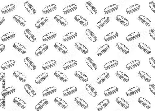 A Sandwich illustration pattern with black outline and white background, food packaging, menu illustration hand drawn print ads, food business, restaurant