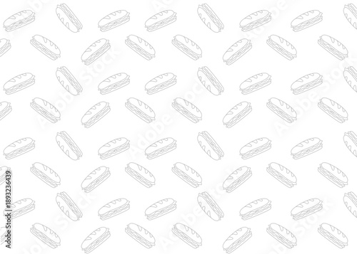 A Sandwich illustration pattern with grey outline and white background, food packaging, menu illustration hand drawn print ads, food business, restaurant