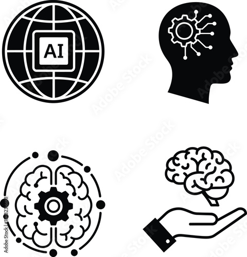AI and Technology Icons Global Network, Human Brain, and Hand Holding Brain