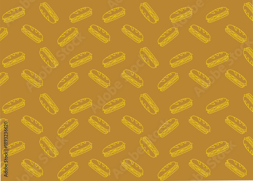 A Sandwich illustration pattern with yellow outline and brown background, food packaging, menu illustration hand drawn print ads, food business, restaurant