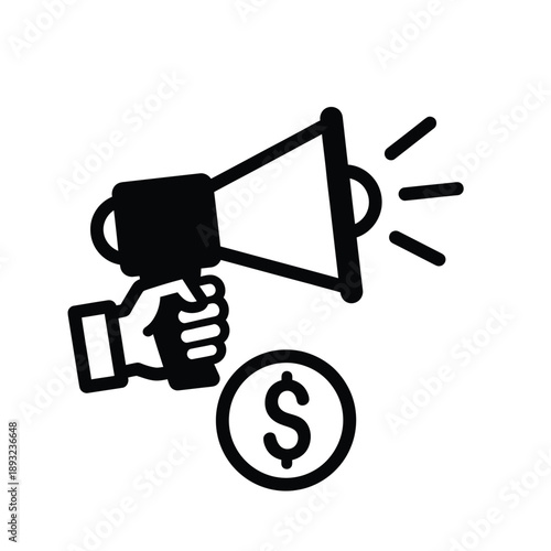 Hand holding a megaphone with a dollar sign, representing promotion and marketing with financial gain