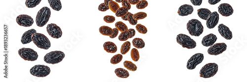 Cuadro en lienzo Raisins falling downward from above, scattered mid-air positions, wrinkled textu