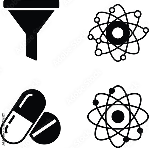 Essential Science and Medical Vector Icons Funnel, Atomic Structures, and Pharmaceutical Pills