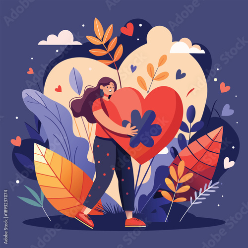 Person hugging a giant heart with care and love, representing compassion, affection, and emotional well-being, heartwarming illustration.