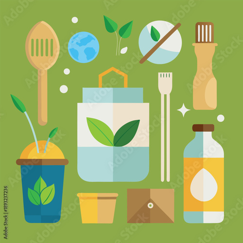 Set of eco-friendly icons: bamboo straw, cloth bag, reusable bottle, symbolizing sustainability and conscious consumerism, vector graphics.