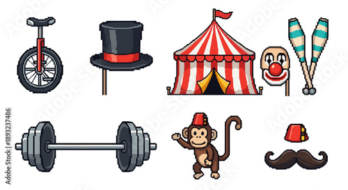Circus pixel art elements set
