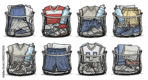 Sports clothing and water bottles in laundry baskets
