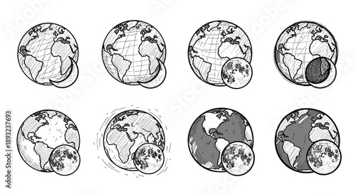 Earth and moon phases astronomical illustration set