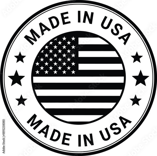 Made in USA seal with American flag and stars, black and white graphic emblem