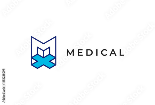 Initial Letter M Medical Logo,  letter M with Medical Cross Combination, vector illustration