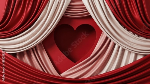 Red and white curtains with a heart shape in the center. The curtains are draped over a red background.