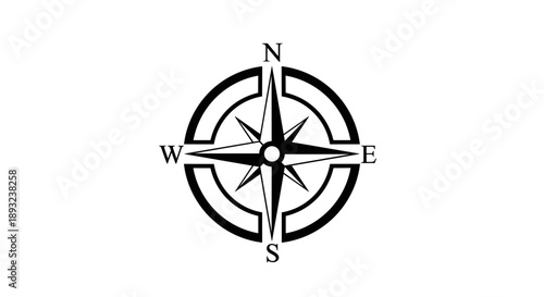 A black and white compass rose showing cardinal directions.