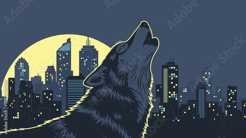 A lone wolf howls at the moon in the city.
