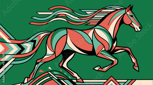 Dynamic Galloping Horse Art Deco Vector Illustration on Green Background