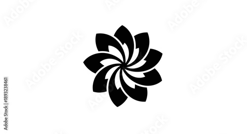 Abstract Black Flower Symbol with Swirling Petals.
