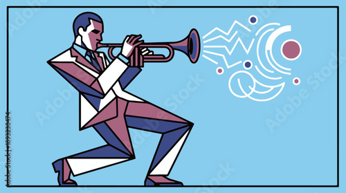 Abstract Art Deco Jazz Musician Playing Trumpet Vector Illustration