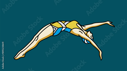 Vintage Art Deco Female Diver Swimming Vector Illustration in Blue