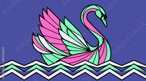 Elegant Art Deco Swan Vector Illustration on Geometric Water Waves