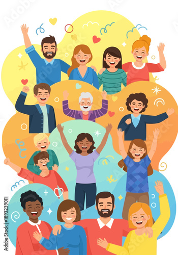 Diverse group of people from various age groups and backgrounds celebrating together with happiness