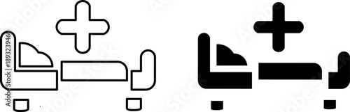 Hospital bed medical equipment icon. Healthcare clinic furniture set