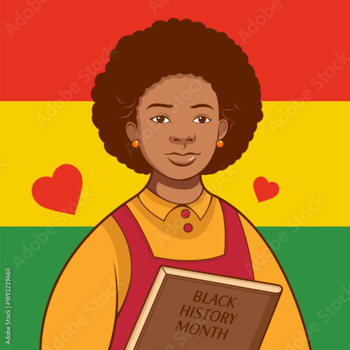 Illustration for Black History Month featuring an African American schoolgirl with an afro hairstyle holding a book. Creative hand drawn cartoon style artwork with an unidentifiable character